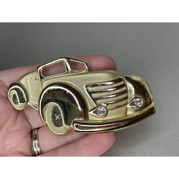 Vintage Convertible Car with Rhinestone Head Lights Gold XL Brooch Pin - Picture 1 of 4
